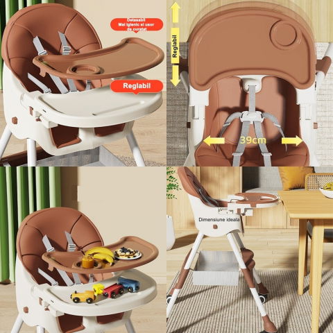 Scaun de masa pentru bebelusi si copii  cu roti, telescopic, pliabil, masuta reglabila, suport picioare, scaun invelis piele artificiala, centura siguranta, spatiu depozitare, 97 x 73 x 65 cm, maro [2]