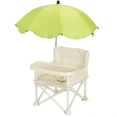 Scaune, seturi de masă și accesorii bebeluși - Scaun de masa pentru bebelusi si copii, tavita si husa detasabile, multifuncțional, stabil, centura de siguranta, cos de depozitare, bej, cu umbrela verde, de la 6 luni