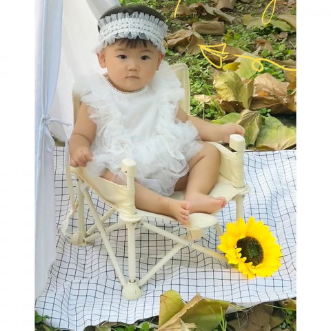 Scaun de masa pentru bebelusi si copii, tavita si husa detasabile, multifuncțional, stabil, centura de siguranta, cos de depozitare, bej, cu umbrela verde, de la 6 luni [2]