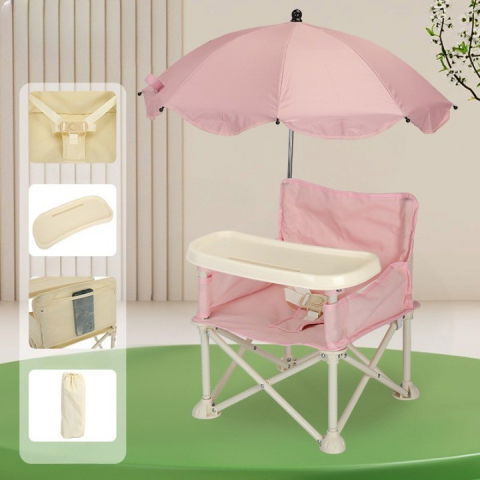 Scaun de masa pentru bebelusi si copii, tavita si husa detasabile, multifuncțional, stabil, centura de siguranta, cos de depozitare, roz, cu umbrela roz, de la 6 luni [1]