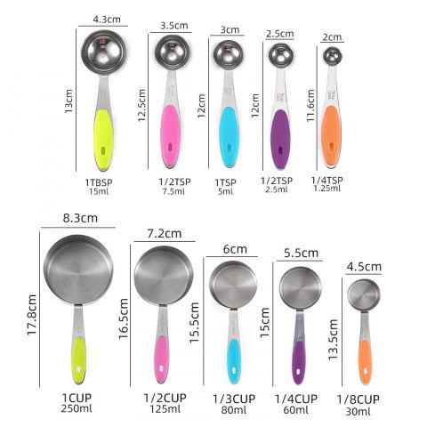 Set 10 piese de masurare, 5 linguri gradate + 5 cesti gradate, otel inoxidabil + silicon, 19 x 8 x 9 cm, multicolor [7]