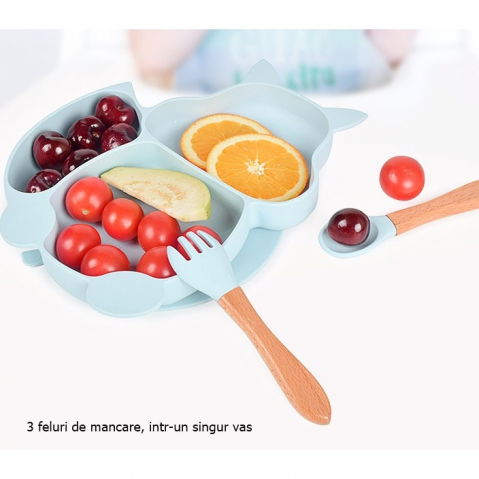 Set 10 piese diversificare bebelusi si copii din silicon  baveta, farfurie compartimentata cu ventuza, bol cu ventuza, tacamuri din lemn si silicon, cana pentru gustari, fara alergeni, baby blue [1]