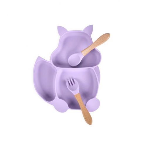 Set 10 piese diversificare bebelusi si copii din silicon  baveta, farfurie compartimentata cu ventuza, bol cu ventuza, tacamuri din lemn si silicon, cana pentru gustari, fara alergeni, mov [4]