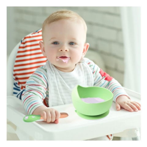 Set 10 piese diversificare bebelusi si copii din silicon  baveta, farfurie compartimentata cu ventuza, bol cu ventuza, tacamuri din lemn si silicon, cana pentru gustari, fara alergeni, verde [1]