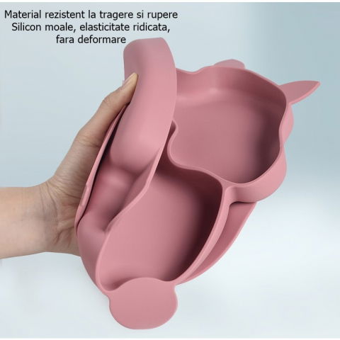Set 10 piese diversificare bebelusi si copii din silicon  baveta, farfurie compartimentata cu ventuza, bol cu ventuza, tacamuri din lemn si silicon, cana pentru gustari, fara alergeni, roz pudrat [4]