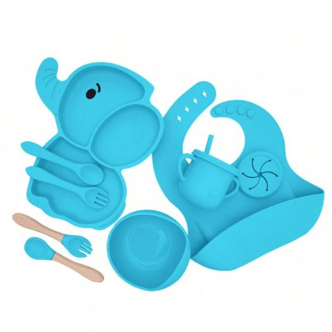 Set 10 piese servire masa.  pentru bebelusi si copii, din silicon/lemn, cu ventuze anti-alunecare, fara alergeni. +6 luni, model elefant, albastru [5]