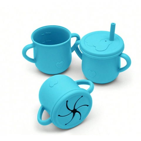 Set 10 piese servire masa.  pentru bebelusi si copii, din silicon/lemn, cu ventuze anti-alunecare, fara alergeni. +6 luni, model elefant, albastru [4]