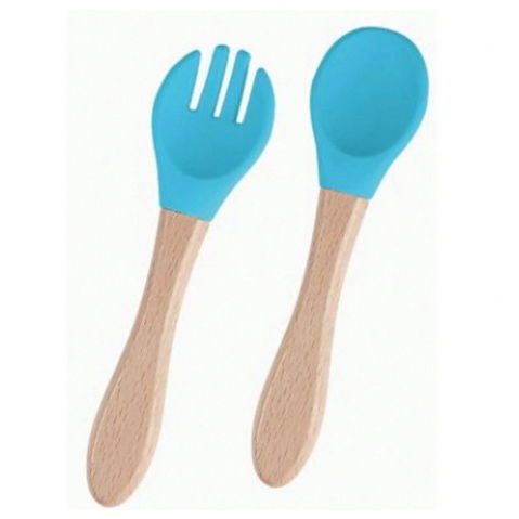 Set 10 piese servire masa.  pentru bebelusi si copii, din silicon/lemn, cu ventuze anti-alunecare, fara alergeni. +6 luni, model elefant, albastru [2]