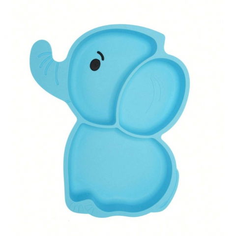 Set 10 piese servire masa.  pentru bebelusi si copii, din silicon/lemn, cu ventuze anti-alunecare, fara alergeni. +6 luni, model elefant, albastru [1]