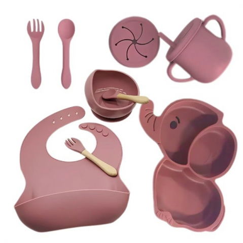 Scaune, seturi de masă și accesorii bebeluși - Set 10 piese servire masa.  pentru bebelusi si copii, din silicon/lemn, cu ventuze anti-alunecare, fara alergeni. +6 luni, model elefant, maro