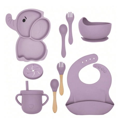 Scaune, seturi de masă și accesorii bebeluși - Set 10 piese servire masa.  pentru bebelusi si copii, din silicon/lemn, cu ventuze anti-alunecare, fara alergeni. +6 luni, model elefant, mov