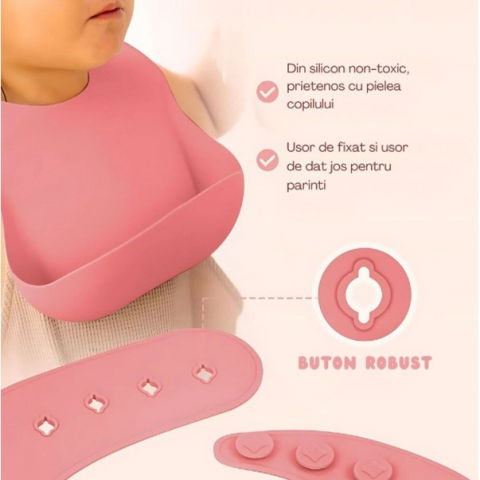 Set 10 piese servire masa.  pentru bebelusi si copii, din silicon/lemn, cu ventuze anti-alunecare, fara alergeni. +6 luni, model elefant, roz [4]