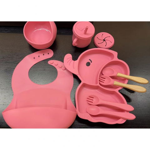 Set 10 piese servire masa.  pentru bebelusi si copii, din silicon/lemn, cu ventuze anti-alunecare, fara alergeni. +6 luni, model elefant, roz [5]