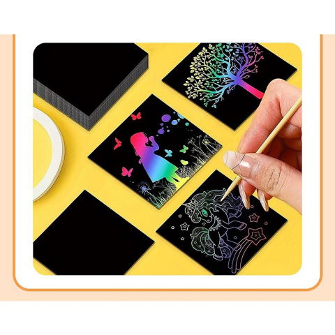 Set 100 de foi de hartie de razuit, cu creion din bambus, pentru desen, 8.5 x 8.5, curcubeu, negru [3]