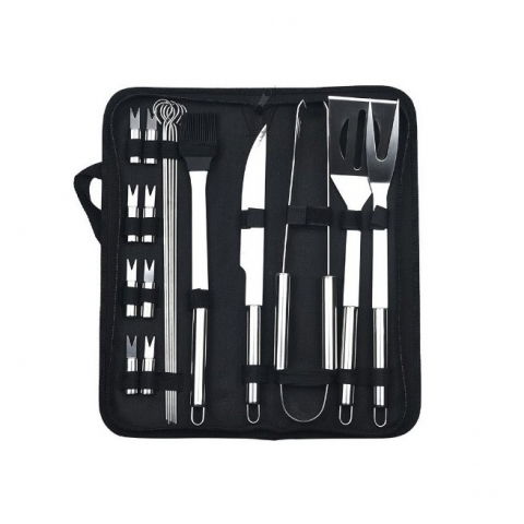 Accesorii și ustensile in bucatarie - Set 18 ustensile pentru gratar, din otel inoxidabil, geanta oxford, argintiu