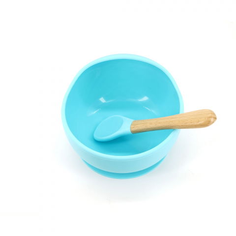 Set 2 piese diversificare bebelusi si copii din silicon  bol cu ventuza, lingurita din lemn si silicon, pentru gustari, fara alergeni, albastru [1]