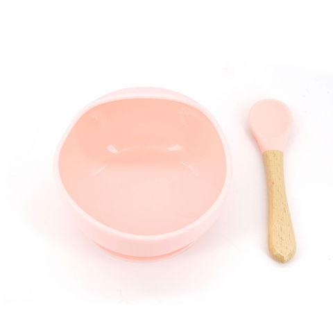 Scaune, seturi de masă și accesorii bebeluși - Set 2 piese diversificare bebelusi si copii din silicon  bol cu ventuza, lingurita din lemn si silicon, pentru gustari, fara alergeni, roz