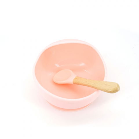 Set 2 piese diversificare bebelusi si copii din silicon  bol cu ventuza, lingurita din lemn si silicon, pentru gustari, fara alergeni, roz [1]