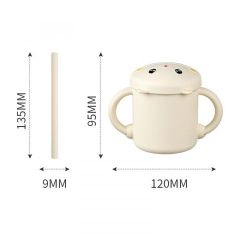 Set 2 piese hranire bebelusi si copii, cana cu capac si pai, din silicon, fara bpa, de la 12 luni, model pisicuta, 12 x 9.5 x 11 cm, bej [3]