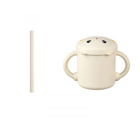 Îngrijire, transport și organizare pentru bebeluși și copii - Set 2 piese hranire bebelusi si copii, cana cu capac si pai, din silicon, fara bpa, de la 12 luni, model pisicuta, 12 x 9.5 x 11 cm, bej