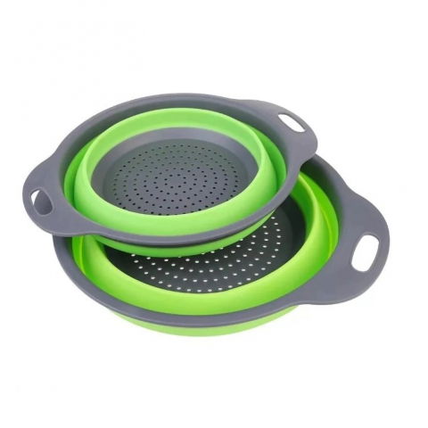 Organizatoare si accesorii pentru bucatarie - Set 2 strecuratori pliabile din silicon alimentar  cu manere, fund antiaderent si antialunecare, rotunda, doua dimensiuni, usor de depozitat, compatibil cu masina de spalat vase, verde