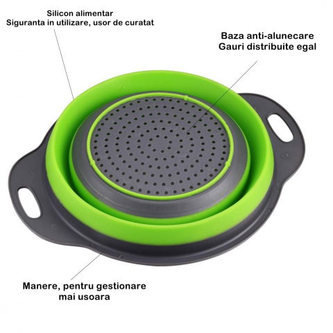 Set 2 strecuratori pliabile din silicon alimentar  cu manere, fund antiaderent si antialunecare, rotunda, doua dimensiuni, usor de depozitat, compatibil cu masina de spalat vase, verde [2]