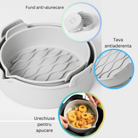 Set 2 tavi din silicon ecologic pentru air fryer  temperatura maxima 230 grade, reutilizabile, reciclabile, cu manere anti-alunecare, fund antiaderent, 18.7 x 19.5 x 7 cm, gri [1]