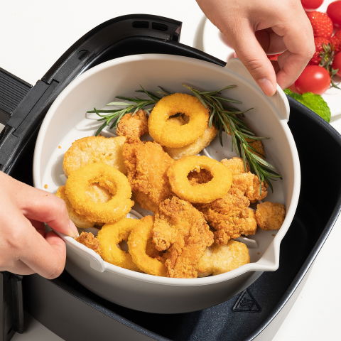 Set 2 tavi din silicon ecologic pentru air fryer  temperatura maxima 230 grade, reutilizabile, reciclabile, cu manere anti-alunecare, fund antiaderent, 18.7 x 19.5 x 7 cm, gri [6]
