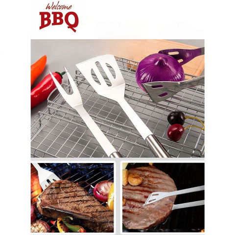 Set 20 ustensile pentru gratar, din otel inoxidabil, geanta oxford, argintiu [7]