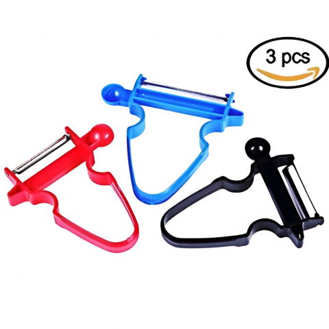 Accesorii pentru pregătirea alimentelor - Set 3 accesorii de decojire, razuire si feliere, pentru legume si fructe, negru-rosu-albastru