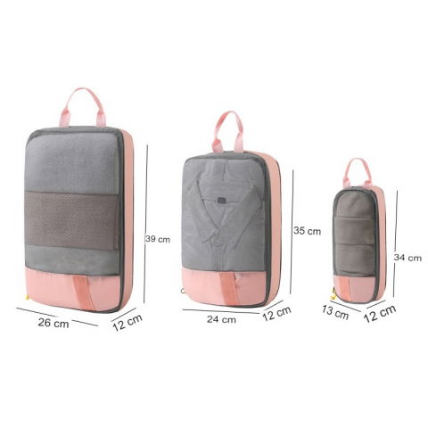 Set 3 genti de calatorie  pentru depozitare, compresibile, 3 dimensiuni, mic, mediu, mare, impermeabile, fermoar dublu, roz [11]