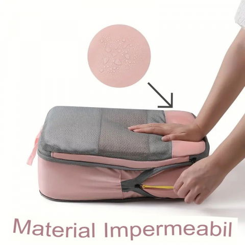 Set 3 genti de calatorie  pentru depozitare, compresibile, 3 dimensiuni, mic, mediu, mare, impermeabile, fermoar dublu, roz [9]