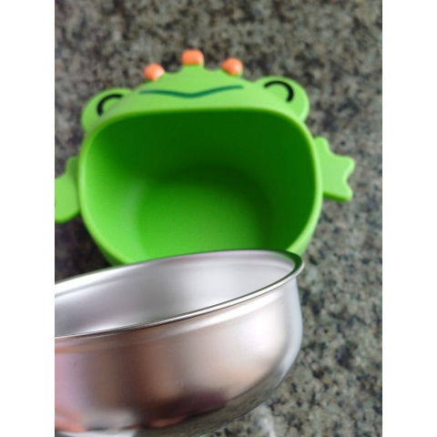 Set 3 piese diversificare bebelusi si copii, bol, lingura si furculita, model broscuta, din silicon si otel inoxidabil, verde [2]