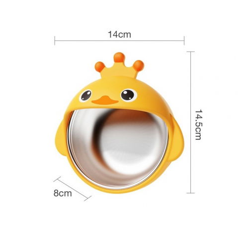 Set 3 piese diversificare bebelusi si copii, bol, lingura si furculita, model ratusca, din silicon si otel inoxidabil, galben [5]