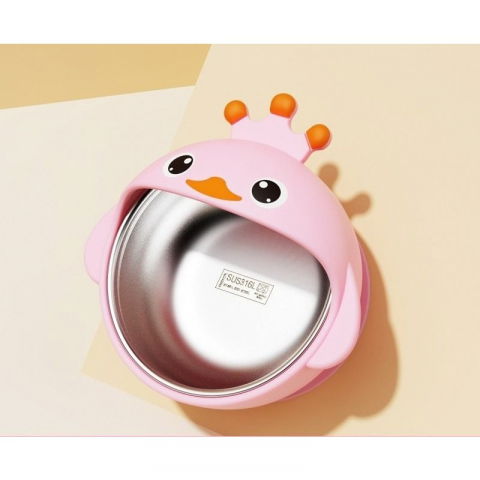 Set 3 piese diversificare bebelusi si copii, bol, lingura si furculita, model ratusca, din silicon si otel inoxidabil, roz [1]