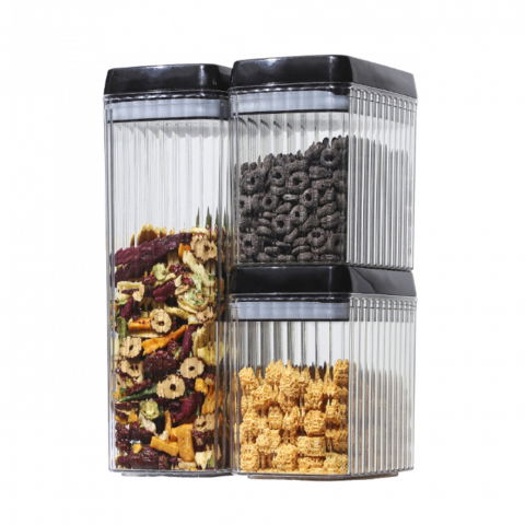 Seturi pentru organizarea cămării - Set 3 recipiente din plastic, pentru alimente/obiecte, inchidere ermetica, textura ondulata, 2 x 1.5l, 1 x 3.3 l, transparent