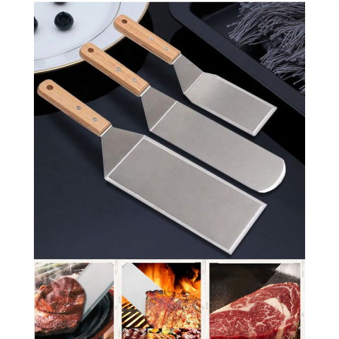 Set 3 spatule pentru gratar  din metal, margini subtiri, suprafata antiaderenta, rezistente la temperaturi ridicate, maner ergonomic din lemn, 3 forme, agatatoare, gri [1]
