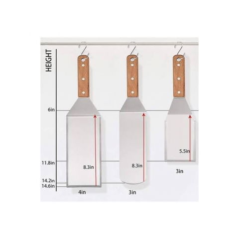 Set 3 spatule pentru gratar  din metal, margini subtiri, suprafata antiaderenta, rezistente la temperaturi ridicate, maner ergonomic din lemn, 3 forme, agatatoare, gri [6]