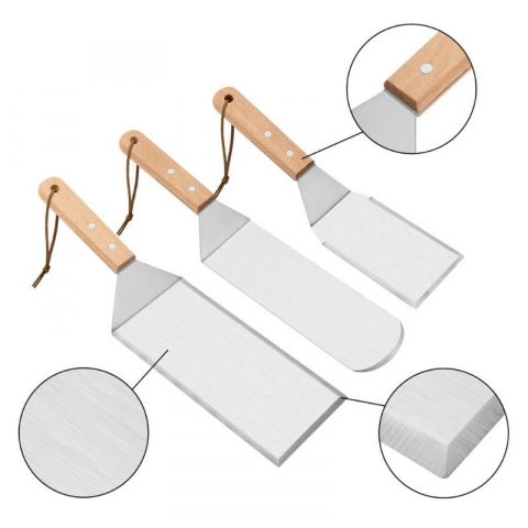 Set 3 spatule pentru gratar  din metal, margini subtiri, suprafata antiaderenta, rezistente la temperaturi ridicate, maner ergonomic din lemn, 3 forme, agatatoare, gri [5]
