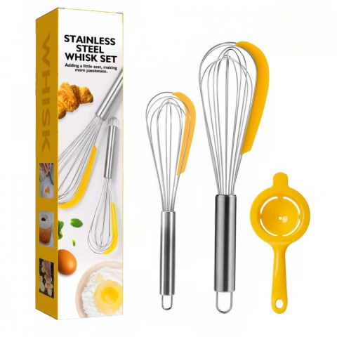 Accesorii și ustensile in bucatarie - Set 3 ustensile pentru bucatarie  2 teluri, un separator oua, inox/silicon, galben