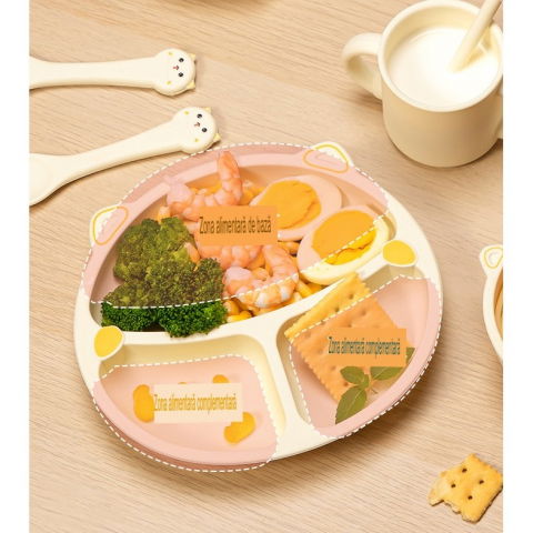 Set 4 piese hranire bebelusi si copii, din silicon, fara bpa, de la 12 luni, model pisicuta, 28 x 26 x 2 cm, bej [2]