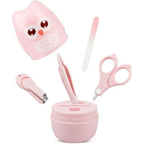Igienă, baie și accesorii bebeluși şi copii - Set 4 piese ingrijire unghii bebelusi, din abs+otel inoxidabil, cutie de depozitare tip bufnita, de la 0 luni, 11.5 x 5 x 11.5 cm, roz