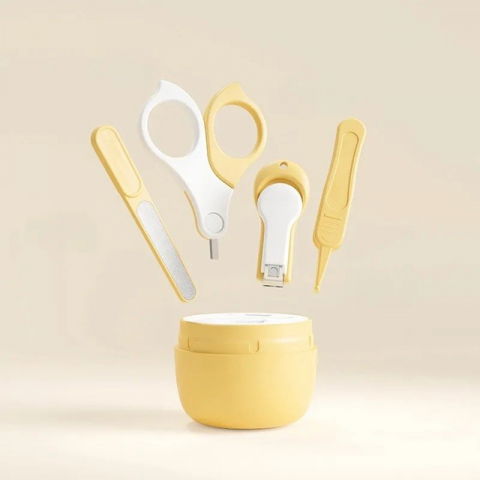 Set 4 piese ingrijire unghii bebelusi, din abs+otel inoxidabil, cutie de depozitare tip maimuta, de la 0 luni, galben [1]