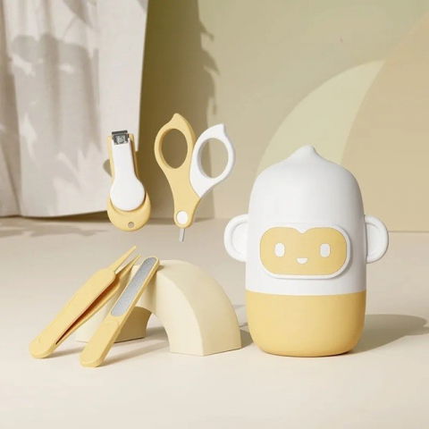 Set 4 piese ingrijire unghii bebelusi, din abs+otel inoxidabil, cutie de depozitare tip maimuta, de la 0 luni, galben [2]