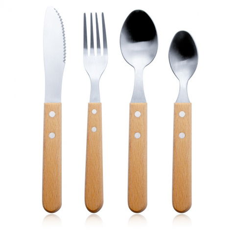 Set 4 tacamuri pentru masa  otel 304, lingura, lingurita desert, cutit, furculita, maner din lemn de fag, 20 x 4 x 2 cm, gri [4]