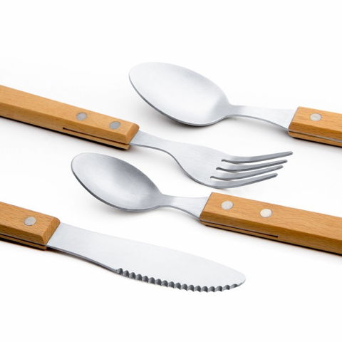 Set 4 tacamuri pentru masa  otel 304, lingura, lingurita desert, cutit, furculita, maner din lemn de fag, 20 x 4 x 2 cm, gri [2]