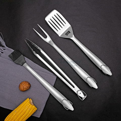 Set 4 ustensile pentru gratar  din otel inoxidabil, cu agatatoare, rezistente la temperaturi ridicate, argintiu [7]