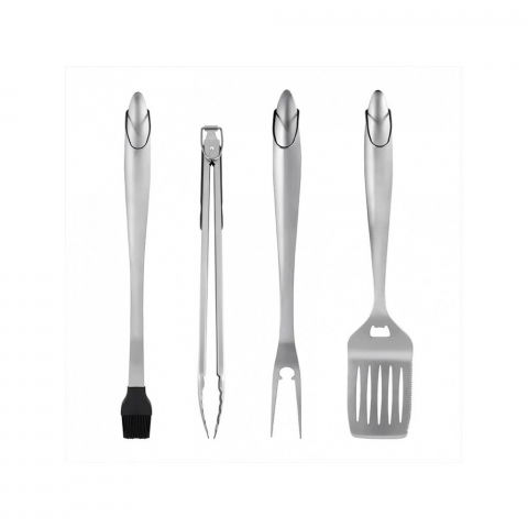 Accesorii și ustensile in bucatarie - Set 4 ustensile pentru gratar  din otel inoxidabil, cu agatatoare, rezistente la temperaturi ridicate, argintiu