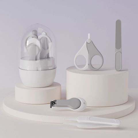 Set 4in1 de ingrijire unghii pentru bebelusi, cutie de depozitare tip borcan, 0-6 ani, 10 x 7 x 6 cm, alb/gri [3]