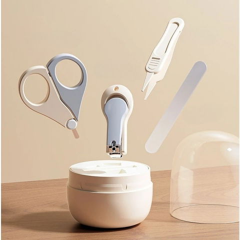 Set 4in1 de ingrijire unghii pentru bebelusi, cutie de depozitare tip borcan, 0-6 ani, 10 x 7 x 6 cm, alb/gri [4]